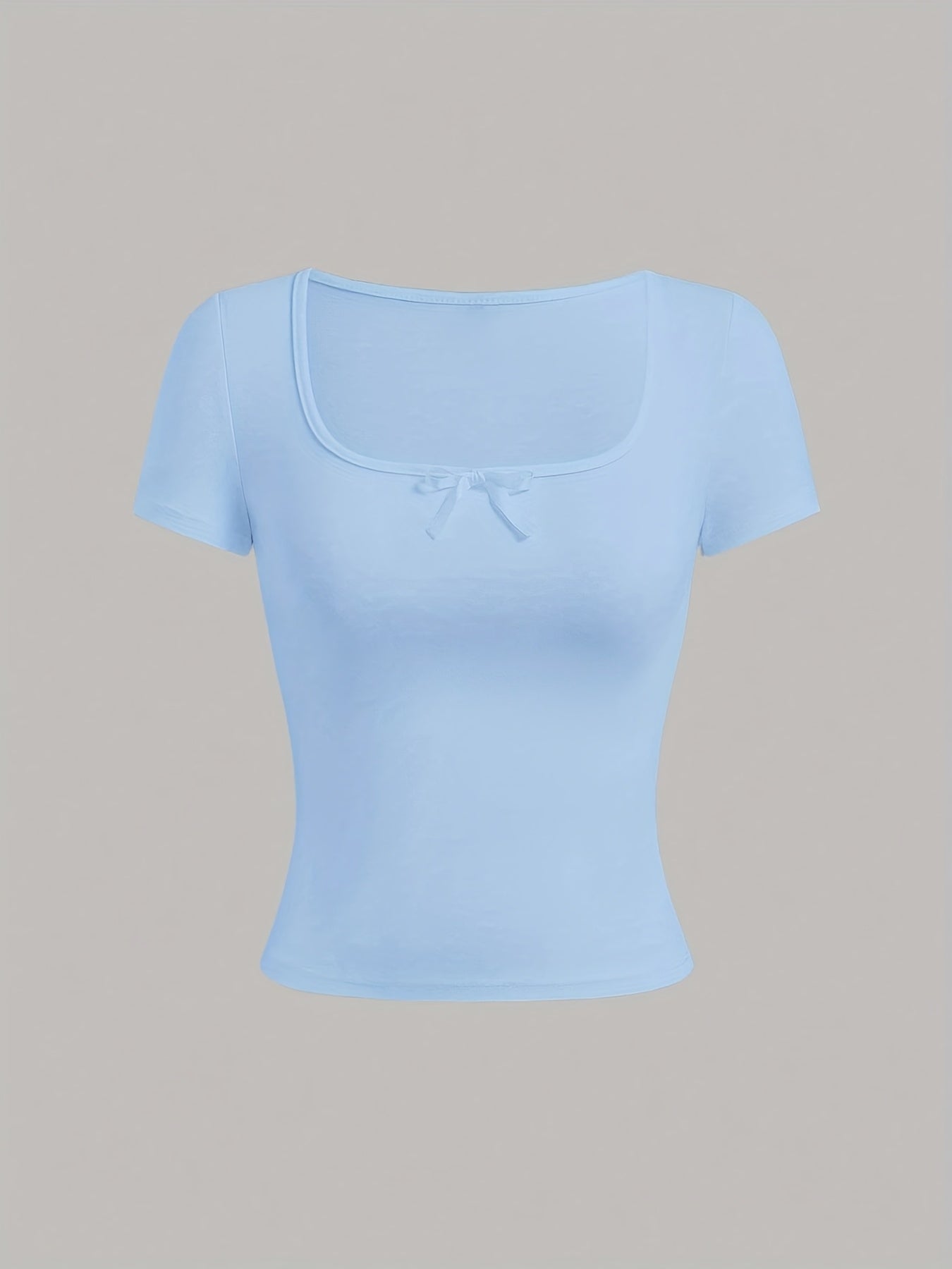 Ezwear Light Gray Knitted Women'S Summer Short-Sleeve Fitted T-Shirt with Bow Decoration And Square Neckline.